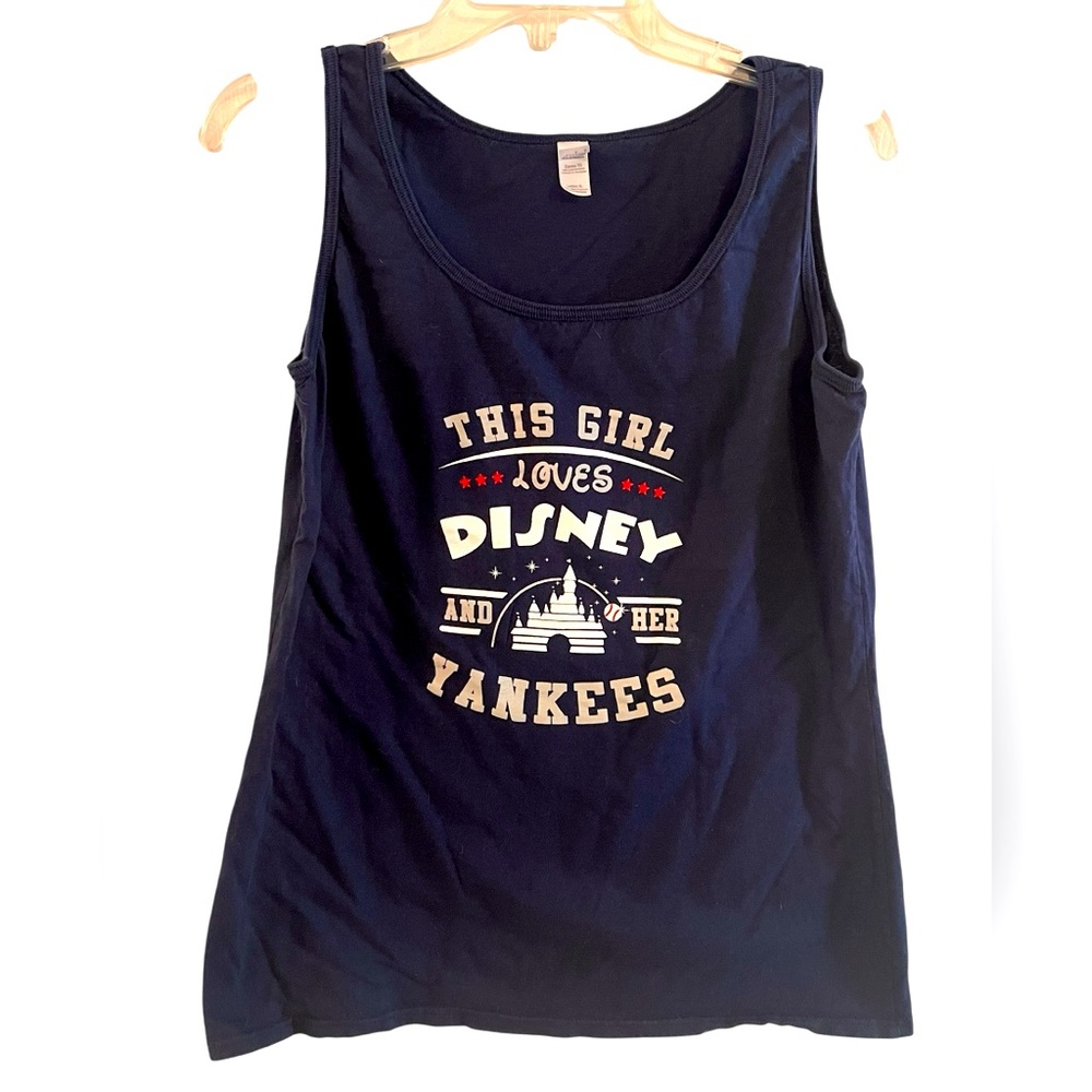 Woman’s “This Girl Loves Disney & her Yankees” Navy Blue Tank 100% Cotton XL